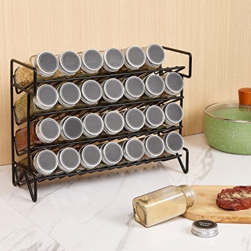 Vtopmart 4-Tier Spice Rack Organizer with 28 Empty Glass Jars and 432 Labels, Rust Resistant Iron, Black, Countertop, Cabinet, Kitchen, Pantry, Cupboard