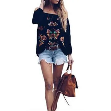 Mexican Shirts Women Mexican Embroidered Shirt Traditional Outfit Ethnic Style Boho Floral Embroidery Western Tops Black