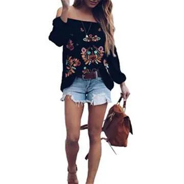 Mexican Shirts Women Mexican Embroidered Shirt Traditional Outfit Ethnic Style Boho Floral Embroidery Western Tops Black