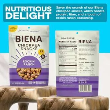 BIENA Chickpea Snacks - Crunchy Roasted Chickpeas - High Fiber Vegan Protein Snacks for Adults and Kids - 4-Pack, 5 Ounce Bags - Rockin’ Ranch