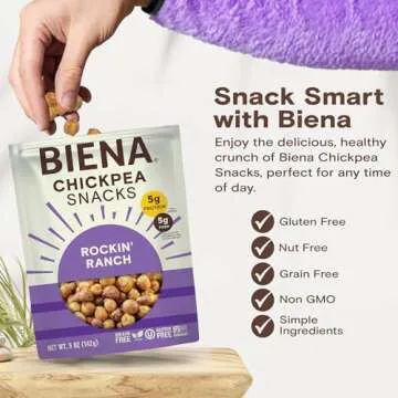 BIENA Chickpea Snacks - Crunchy Roasted Chickpeas - High Fiber Vegan Protein Snacks for Adults and Kids - 4-Pack, 5 Ounce Bags - Rockin’ Ranch