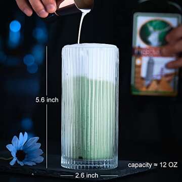 ALINK Glass Cups with Straws, 12 OZ Ribbed Glassware Drinking Glasses Set of 4, Fluted Iced Coffee C...