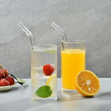 ALINK Glass Cups with Straws, 12 OZ Ribbed Glassware Drinking Glasses Set of 4, Fluted Iced Coffee Cups, Origami Style Ridged Tumbler for Coocktail, Whiskey, Beer - 2 Brush