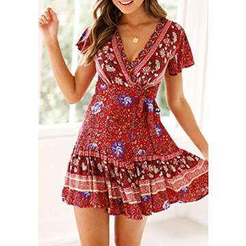 ZESICA Women's Summer Wrap V Neck Bohemian Floral Print Ruffle Swing A Line Beach Mini Dress,Red,Medium