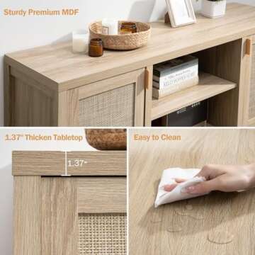 SICOTAS Rattan TV Stand for Living Room - 26" Tall Wood TV Console Cabinet with Storage and Adjustab...