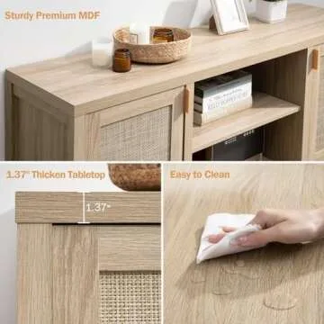 SICOTAS Rattan TV Stand for Living Room - 26" Tall Wood TV Console Cabinet with Storage and Adjustab...