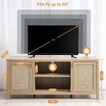 SICOTAS Rattan TV Stand for Living Room - 26" Tall Wood TV Console Cabinet with Storage and Adjustable Shelf, Boho Entertainment Center, 59" Media Console for 50, 55, 65 Inch TV, Light Oak