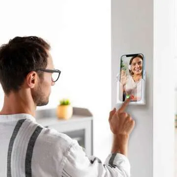 Crpich Wall Mounted Phone Holder, Acrylic Phone Cradle with 3M Transparent Tapes, Clear Phone Stand with Reserved Charging Hole, Compatible with iPhone and Android Smartphone, Bedside Organizer, 1Pack