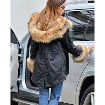 Aofur Womens Hooded Faux Fur Lined Warm Coats Parkas Anoraks Outwear Winter Long Jackets (Large, Black)