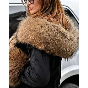 Aofur Womens Hooded Faux Fur Lined Warm Coats Parkas Anoraks Outwear Winter Long Jackets (Large, Black)