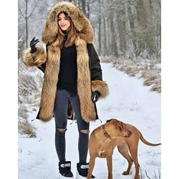 Aofur Womens Hooded Faux Fur Lined Warm Coats Parkas Anoraks Outwear Winter Long Jackets (Large, Black)