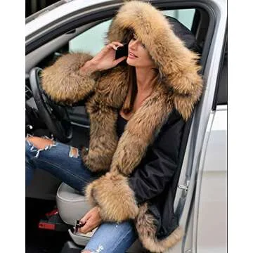 Aofur Womens Hooded Faux Fur Lined Warm Coats Parkas Anoraks Outwear Winter Long Jackets (Large, Black)