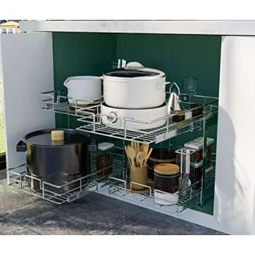 LOVMOR 2 Tier Individual Pull Out Cabinet Organizer 14" W x 21" D, Slide Out Kitchen Cabinet Storage Sliding Shelves
