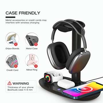 Headphone Stand with 15w Wireless Charger, Suguder 4 in 1 Charging Station Headset Holder for AirPods Max/Pro/4/3/2 iWatch 10/9/8/7/6/5/4/3/2/1/SE iPhone 16/15/14/13/12/11/X for Desktop Table Game