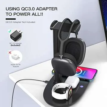 Headphone Stand with 15w Wireless Charger, Suguder 4 in 1 Charging Station Headset Holder for AirPods Max/Pro/4/3/2 iWatch 10/9/8/7/6/5/4/3/2/1/SE iPhone 16/15/14/13/12/11/X for Desktop Table Game
