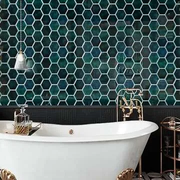 CRE8TIVE 4 Sheets Peel and Stick Tiles Backsplash for Kitchen 12"x12" Emerald Green Hexagon Wall Tile Stickers Self Adhesive Stick on Backsplash for Bathroom 3D Peel and Stick Tiles for Shower Walls