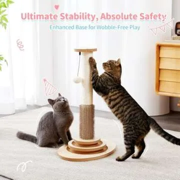 Made4Pets 23" Tall Sisal Cat Scratcher Post with Self Groomer, 4-in-1 Interactive Trackball Toys, Vertical Climbing Tree with Dangling Balls