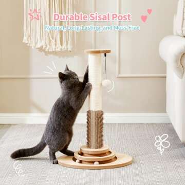 Made4Pets 23" Tall Sisal Cat Scratcher Post with Self Groomer, 4-in-1 Interactive Trackball Toys, Vertical Climbing Tree with Dangling Balls