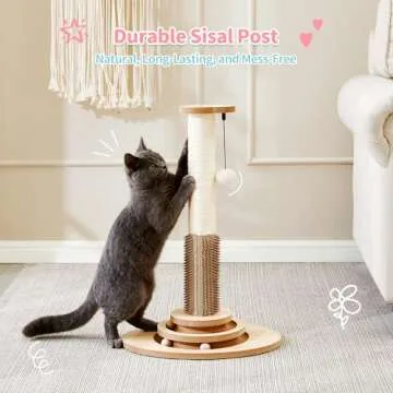 Made4Pets 23" Tall Sisal Cat Scratcher Post with Self Groomer, 4-in-1 Interactive Trackball Toys, Vertical Climbing Tree with Dangling Balls
