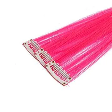 SWACC 12 Pcs Straight One Color Party Highlights Clip on in Hair Extensions Colored Hair Streak Synthetic Hairpieces (Neon Pink)