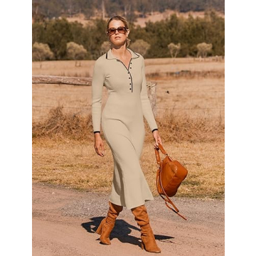 Elegant MEROKEETY Long Sleeve V Neck Sweater Dress for Women
