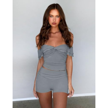 THLAI Women's Casual Off Shoulder 2 Piece Sets for Summer