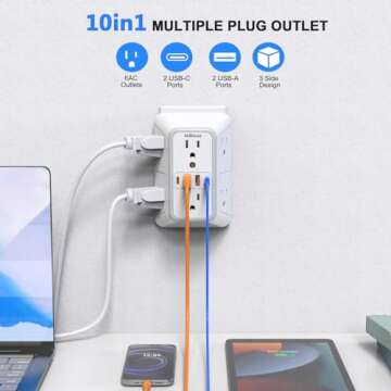 JcBlaon Outlet Extender Surge Protector - 6 Outlet Splitter with 4 USB Ports (2 USB C), Multiple Plu...