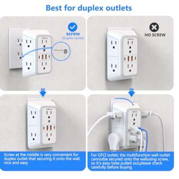 JcBlaon Outlet Extender Surge Protector - 6 Outlet Splitter with 4 USB Ports (2 USB C), Multiple Plug Expander Wall Charger, 3 Sided Multi Plug Wall Adapter Power Strip for Home Office Kitchen Travel