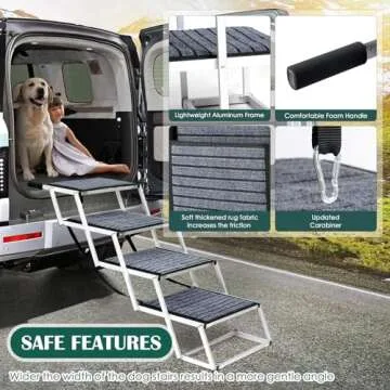 Dog Ramp for Car, Extra Wide Dog Car Stair for Large Dogs, Pet Steps Lightweight Aluminum Foldable Dog Steps for Cars and SUV,High Beds, Trucks, Supports up to 200 lbs (Extra Wide-4 Steps with Rug)