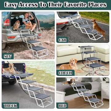 Dog Ramp for Car, Extra Wide Dog Car Stair for Large Dogs, Pet Steps Lightweight Aluminum Foldable Dog Steps for Cars and SUV,High Beds, Trucks, Supports up to 200 lbs (Extra Wide-4 Steps with Rug)