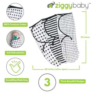 Ziggy Baby Adjustable Baby Swaddles 0-3 Months - Blanket Infant Wrap Set 3 Pack - Soft Cotton Black ...