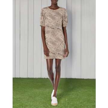 Amazon Essentials Women's Supersoft Terry Relaxed-Fit Short-Sleeve Puff-Sleeve Dress (Previously Daily Ritual), Light Rose Leopard Print, X-Small