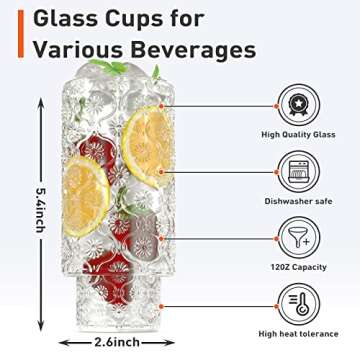 Glass Cups with Straws,12OZ Drinking Glasses Set of 4,Ribbed Glassware Dishwasher Safe Cocktail glasses-Clear Heavy for Smoothie,Water,Juice,Coffee Bar Accessories-Cute Gifts