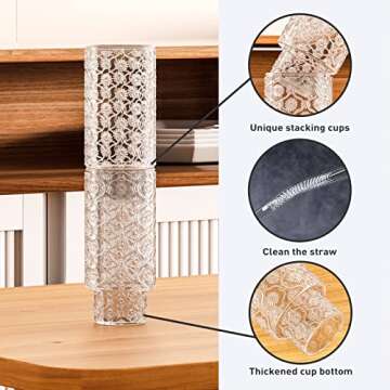 Glass Cups with Straws,12OZ Drinking Glasses Set of 4,Ribbed Glassware Dishwasher Safe Cocktail glasses-Clear Heavy for Smoothie,Water,Juice,Coffee Bar Accessories-Cute Gifts