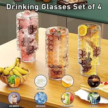 Glass Cups with Straws,12OZ Drinking Glasses Set of 4,Ribbed Glassware Dishwasher Safe Cocktail glasses-Clear Heavy for Smoothie,Water,Juice,Coffee Bar Accessories-Cute Gifts