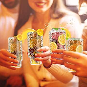 Glass Cups with Straws,12OZ Drinking Glasses Set of 4,Ribbed Glassware Dishwasher Safe Cocktail glasses-Clear Heavy for Smoothie,Water,Juice,Coffee Bar Accessories-Cute Gifts