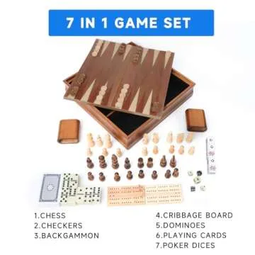 GSE Games & Sports Expert Wooden 7-in-1 Board Game Set - Chess, Checkers, Backgammon, Dominoes, Cribbage Board, Playing Card & Poker Dice Game Combo Set (Old Fashioned)