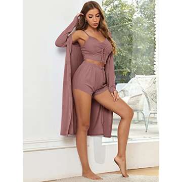 SheIn Women's 3 Piece Pajama Set Open Front Cardigan Cami Crop Top Shorts Loungwear Sleepwear Dark Pink Small