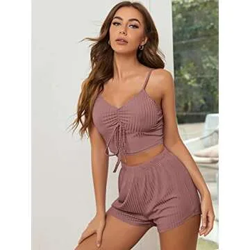 SheIn Women's 3 Piece Pajama Set Open Front Cardigan Cami Crop Top Shorts Loungwear Sleepwear Dark Pink Small