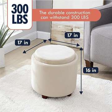 Ornavo Home Lawrence Round Storage Ottoman with Lift Off Lid and Tray Lid Coffee Table, Ottoman with...