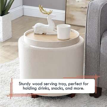 Ornavo Home Lawrence Round Storage Ottoman with Lift Off Lid and Tray Lid Coffee Table, Ottoman with Storage for Living Room, Bedroom and Office, Velvet Cream