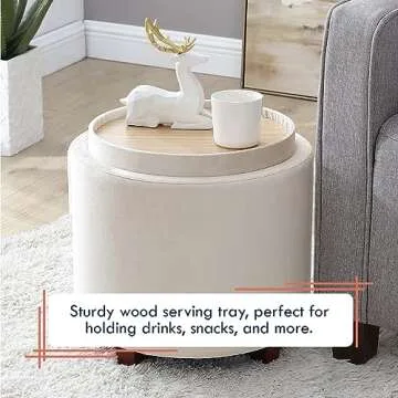Ornavo Home Lawrence Round Storage Ottoman with Lift Off Lid and Tray Lid Coffee Table, Ottoman with Storage for Living Room, Bedroom and Office, Velvet Cream