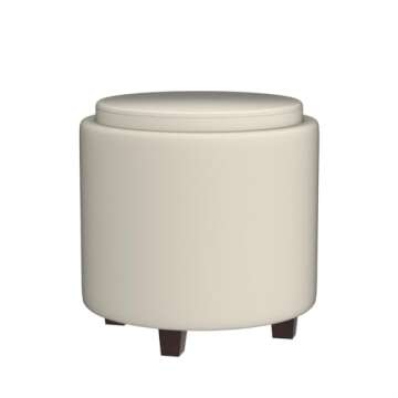 Ornavo Home Lawrence Round Storage Ottoman with Lift Off Lid and Tray Lid Coffee Table, Ottoman with Storage for Living Room, Bedroom and Office, Velvet Cream