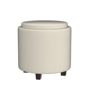 Ornavo Home Lawrence Round Storage Ottoman with Lift Off Lid and Tray Lid Coffee Table, Ottoman with Storage for Living Room, Bedroom and Office, Velvet Cream