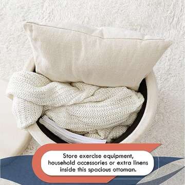 Ornavo Home Lawrence Round Storage Ottoman with Lift Off Lid and Tray Lid Coffee Table, Ottoman with Storage for Living Room, Bedroom and Office, Velvet Cream