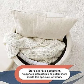 Ornavo Home Lawrence Round Storage Ottoman with Lift Off Lid and Tray Lid Coffee Table, Ottoman with Storage for Living Room, Bedroom and Office, Velvet Cream