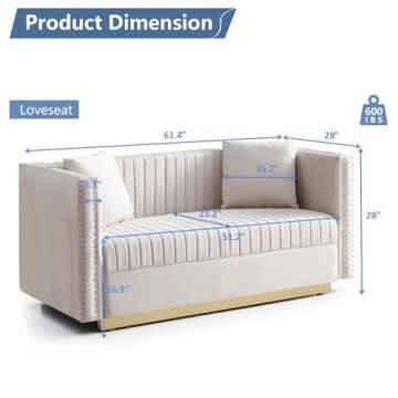 Mikibama Modern Velvet Loveseat Sofa - 61.4 Inch Luxury 2 Seater with Gold Legs