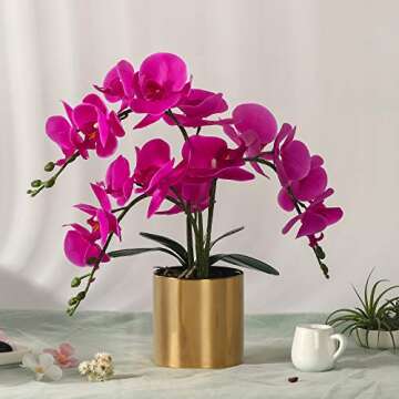 LESING Artificial Orchid Flower with Vase, White Orchid Bonsai Faux Orchid Phalaenopsis Plant Pot Ar...