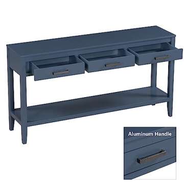 Modern Wood Console Table 59-Inch Extra Long Entryway Table Sofa Table with Drawers & Open Storage Shelf for Living Room Entrance Hallway (Blue)