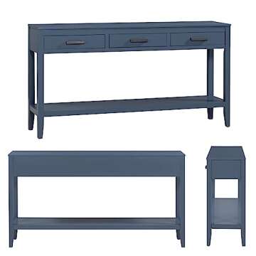 Modern Wood Console Table 59-Inch Extra Long Entryway Table Sofa Table with Drawers & Open Storage Shelf for Living Room Entrance Hallway (Blue)